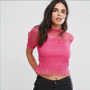 RIVER ISLAND Pink Mesh Puff Sleeve Top